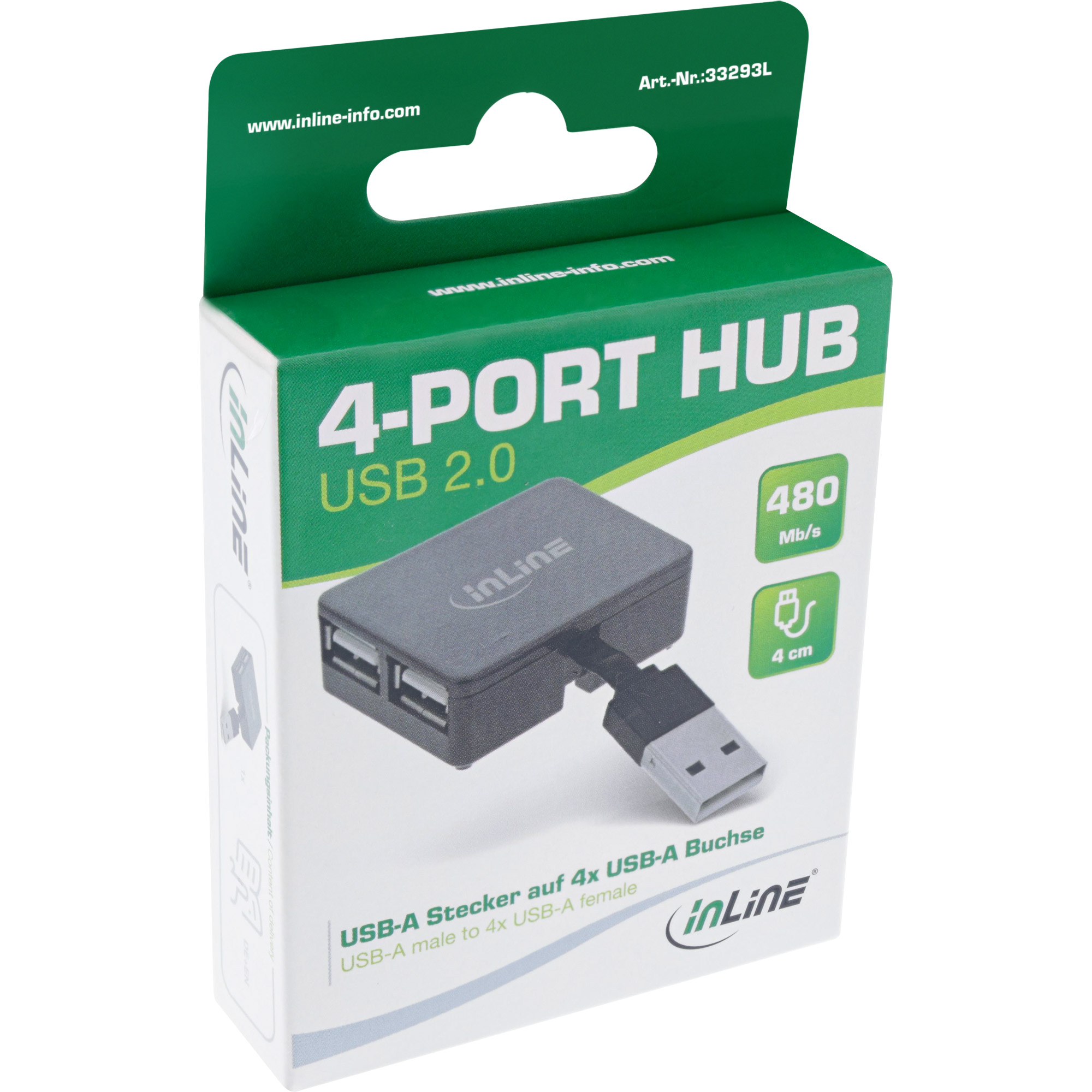 InLine USB 2.0 4-Port Hub - USB-A Stecker auf 4x USB-A Buchse - Kabel 4cm