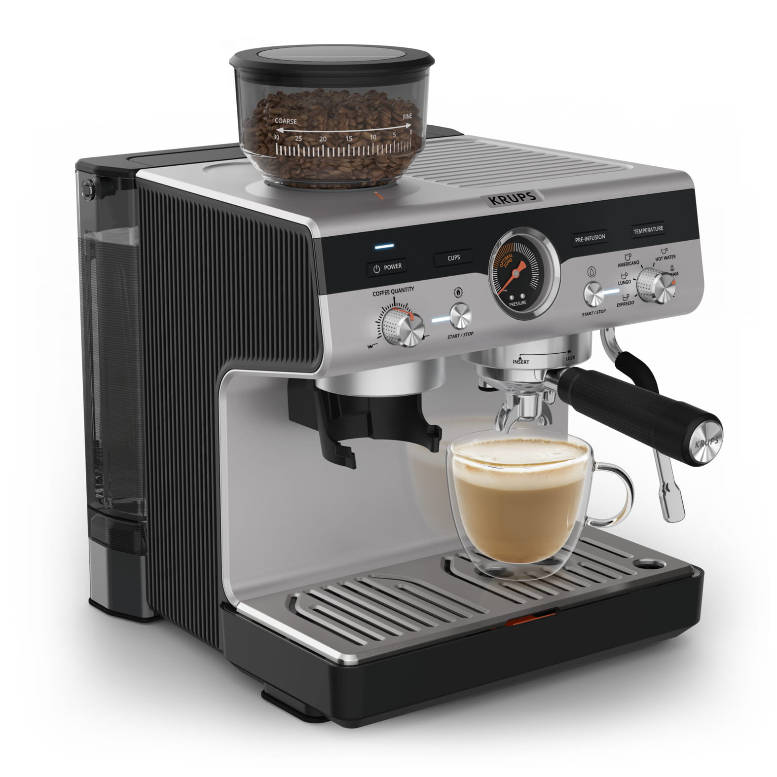 Krups Precision Siebträgermaschine XP801T, Espressomaschine, 3 l, Gemahlener Kaffee, Eingebautes Mahlwerk, Schwarz, Edelstahl