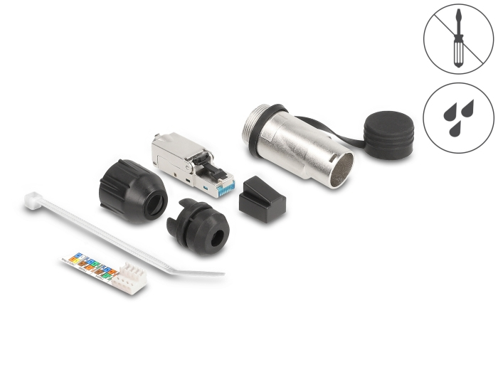 Delock Netzwerkanschluss - RJ-45 (M) zu LSA - CAT 6a - Schutzkappe, robustes Steckverbindergehäuse, staub- und wasserdicht (IP66)