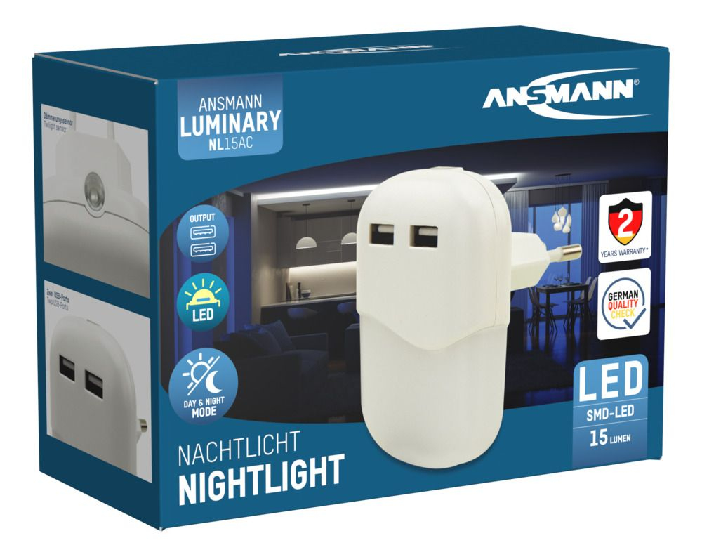 Ansmann NL15AC + 2USB, Stecker-Nachtlicht, Weiß, ABS, Polycarbonat (PC), Warmweiß, Schlafzimmer, Flur, Garage, Treppen, SMD-LED-Modul
