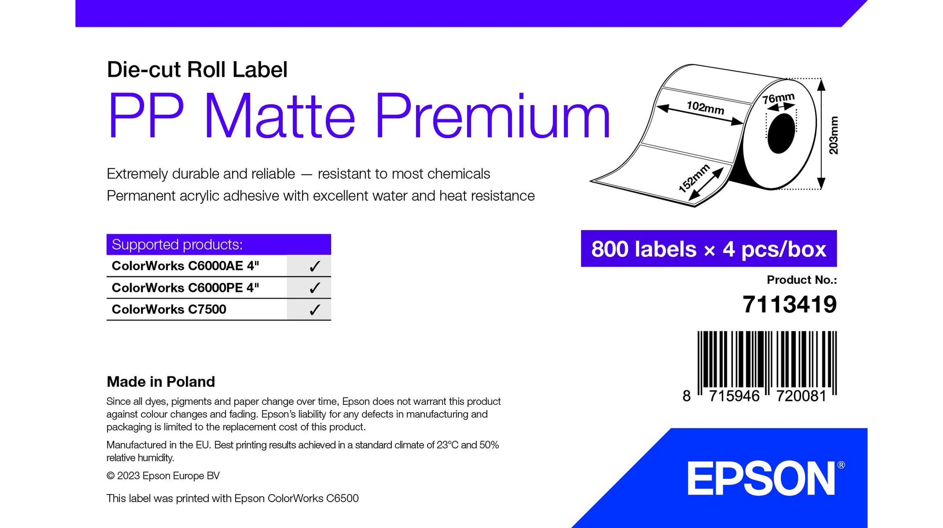 Epson Premium - Polypropylen (PP) - matt - permanenter Acrylklebstoff - 102 x 152 mm 3200 Etikett(en) (4 Rolle(n)