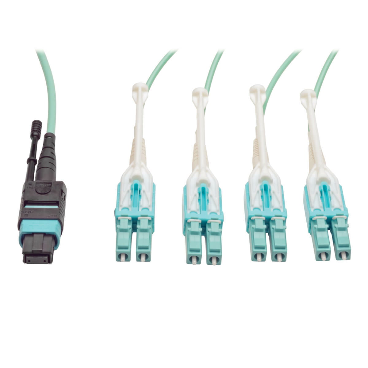 Tripp Eaton Tripp Lite Series MTP/MPO Fan-out Cable with Push/Pull Tab Connectors, MTP/MPO to 4xLC, 40GbE, 40GBASE-SR4,OM3 Plenum-rated - Aqua, 3M (9.84 ft.)