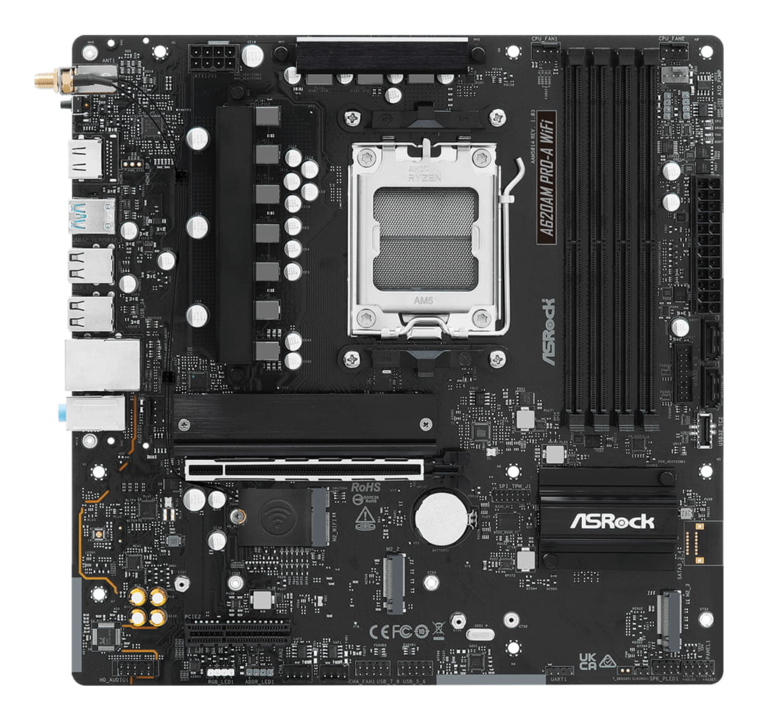 ASRock A620AM Pro-A WiFi - Motherboard - micro ATX - Socket AM5 - AMD A620A Chipsatz - USB 3.2 Gen 1, USB-C 3.2 Gen 1 - 2.5 Gigabit LAN, Wi-Fi 6E, Bluetooth - Onboard-Grafik (CPU erforderlich)