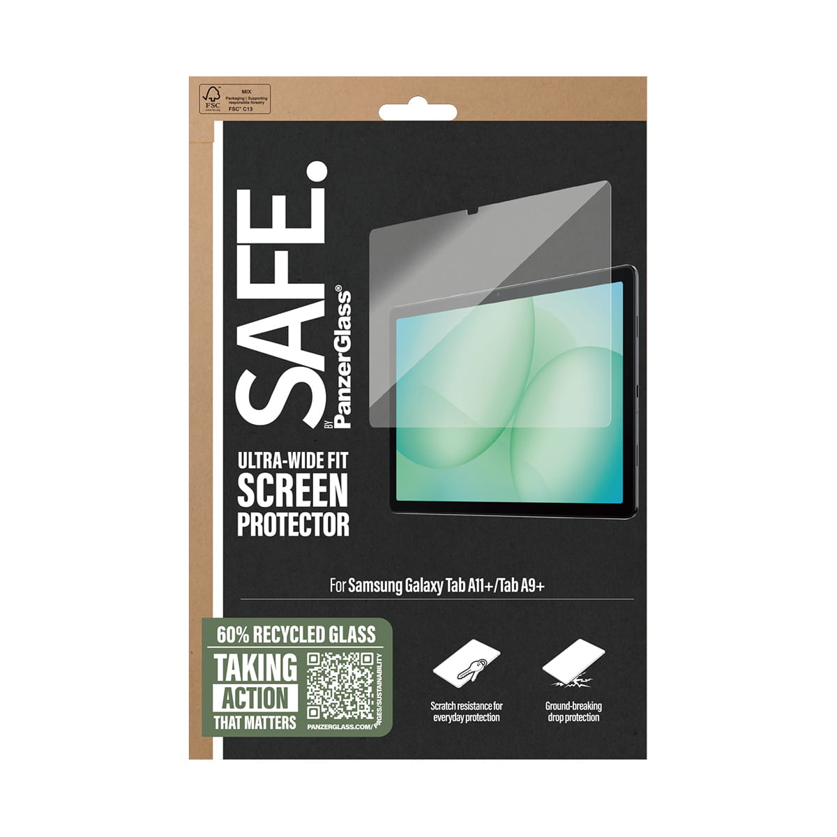 PanzerGlass SAFE. by ® Displayschutz Samsung Galaxy Tab A11+ | Tab A9+ | Ultra-Wide Fit, Samsung, Samsung - Galaxy Tab A9+ 5G, Samsung - Galaxy Tab A11+ 5G, Trockene Anwendung, Kratzresistent, Schockresistent, Transparent, 1 Stück(e)