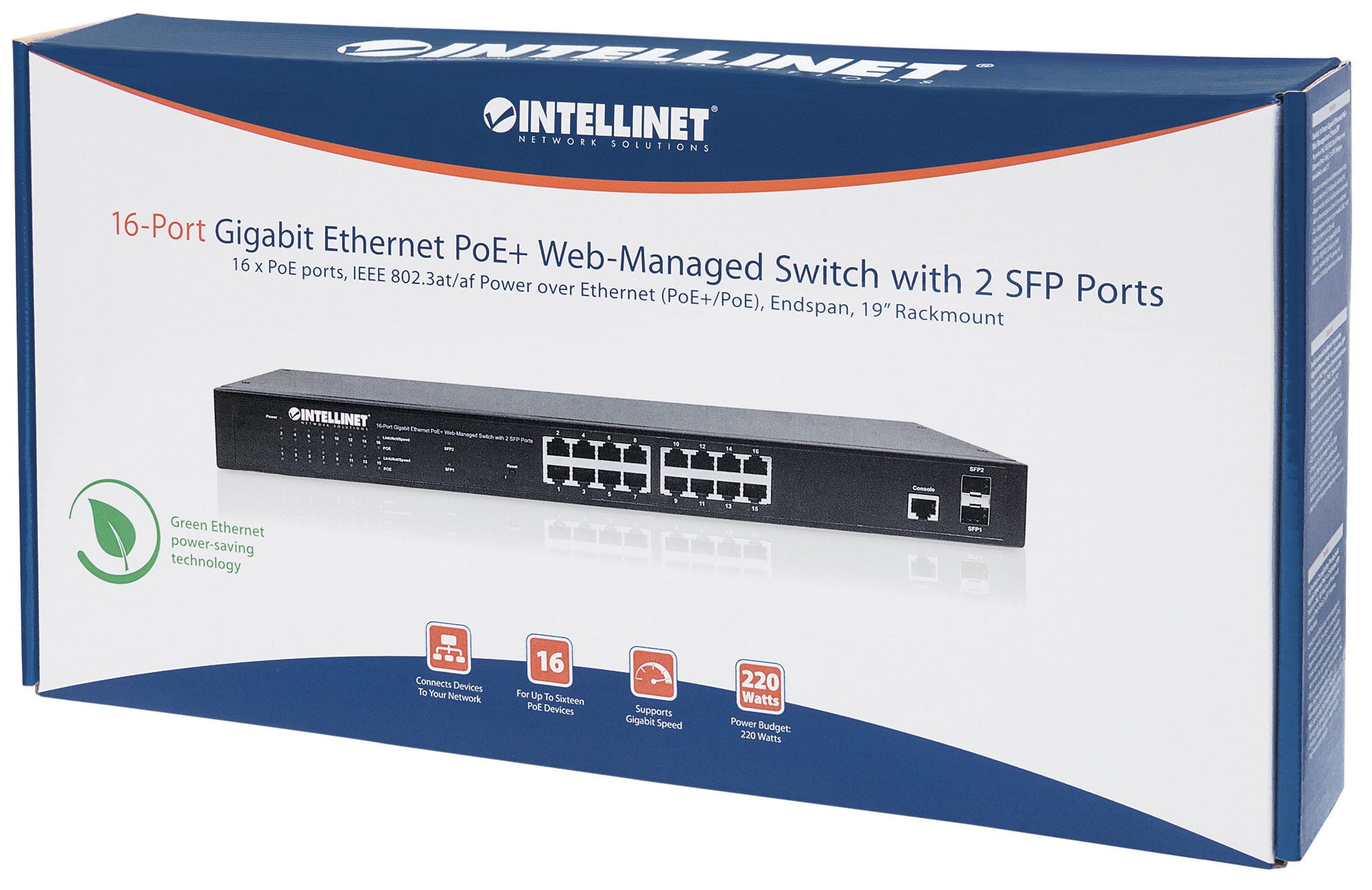 Intellinet 16-Port Gigabit Ethernet PoE+ Web-Managed Switch with 2 SFP Ports, 16 x PoE ports, IEEE 802.3at/af Power over Ethernet (PoE+/PoE)