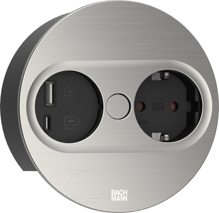 Bachmann 946.004, Type F + USB A + USB C, Desktop eingebettet, 4 cm, Tisch/Bank, Edelstahl, Metall, Kunststoff