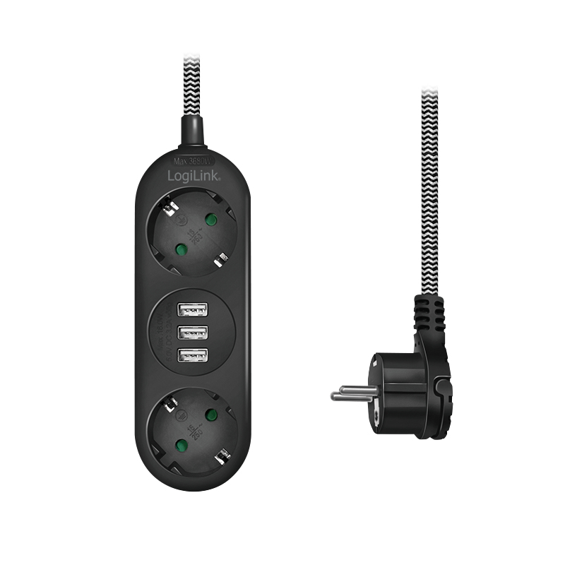 LogiLink Steckdosenleiste - Wechselstrom 250 V - 3680 Watt - Ausgangsanschlüsse: 2 (2 x CEE 7/3, 3 x USB Typ A)