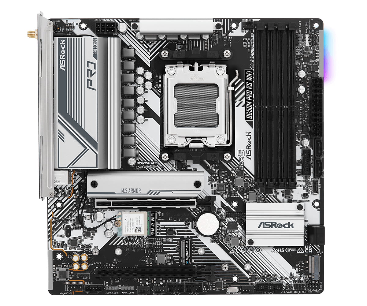 ASRock B650M Pro RS WiFi - Motherboard - micro ATX - Socket AM5 - AMD B650 Chipsatz - USB-C 3.2 Gen2, USB-C 3.2 Gen 1, USB 3.2 Gen 2, USB 3.2 Gen 1 - 2.5 Gigabit LAN, Wi-Fi 6E, Bluetooth - Onboard-Grafik (CPU erforderlich)