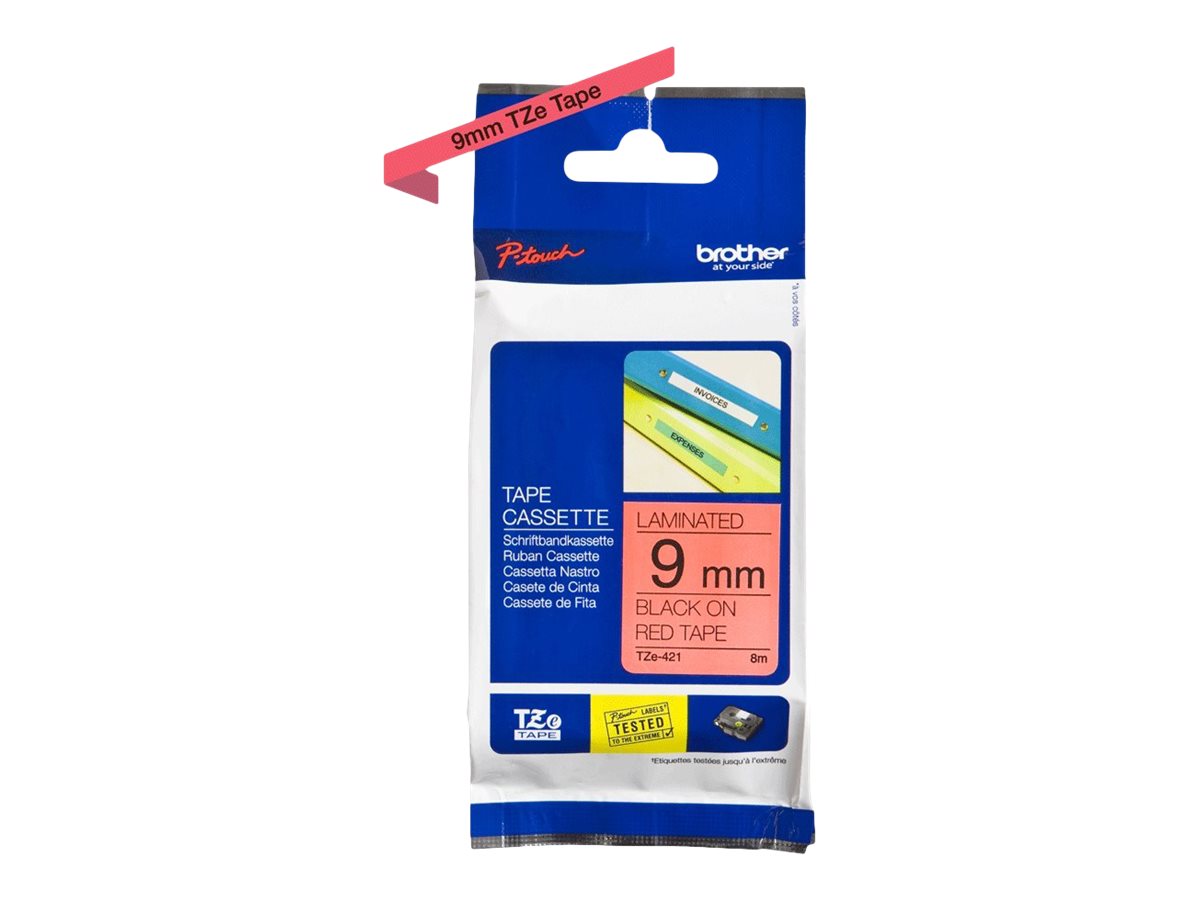 Brother TZe-421 - Standard-Klebstoff - schwarz auf rot - Rolle (0,9 cm x 8 m)