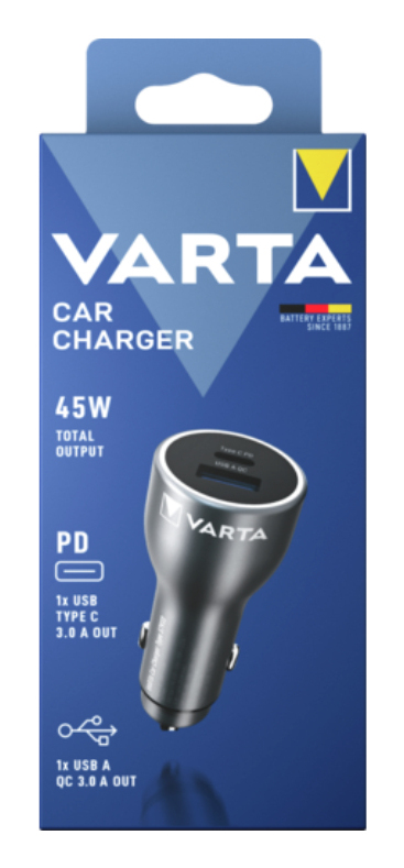 Varta Auto-Netzteil - 45 Watt - 3 A - QC, PD - 2 Ausgabeanschlussstellen (USB, 24 pin USB-C)