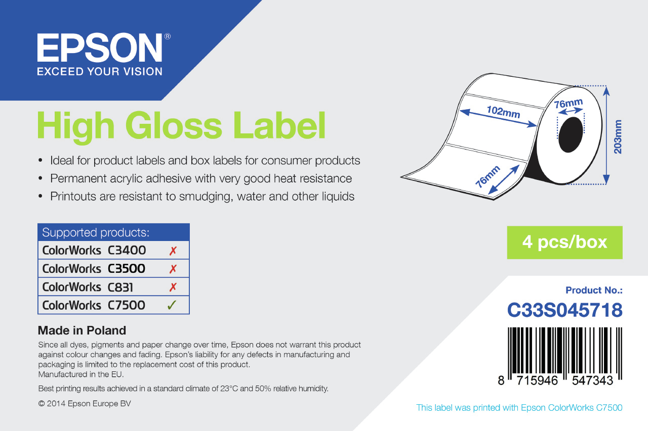 Epson Hochglänzend - permanenter Acrylklebstoff - 102 x 76 mm 1570 Etikett(en) (1 Rolle(n)