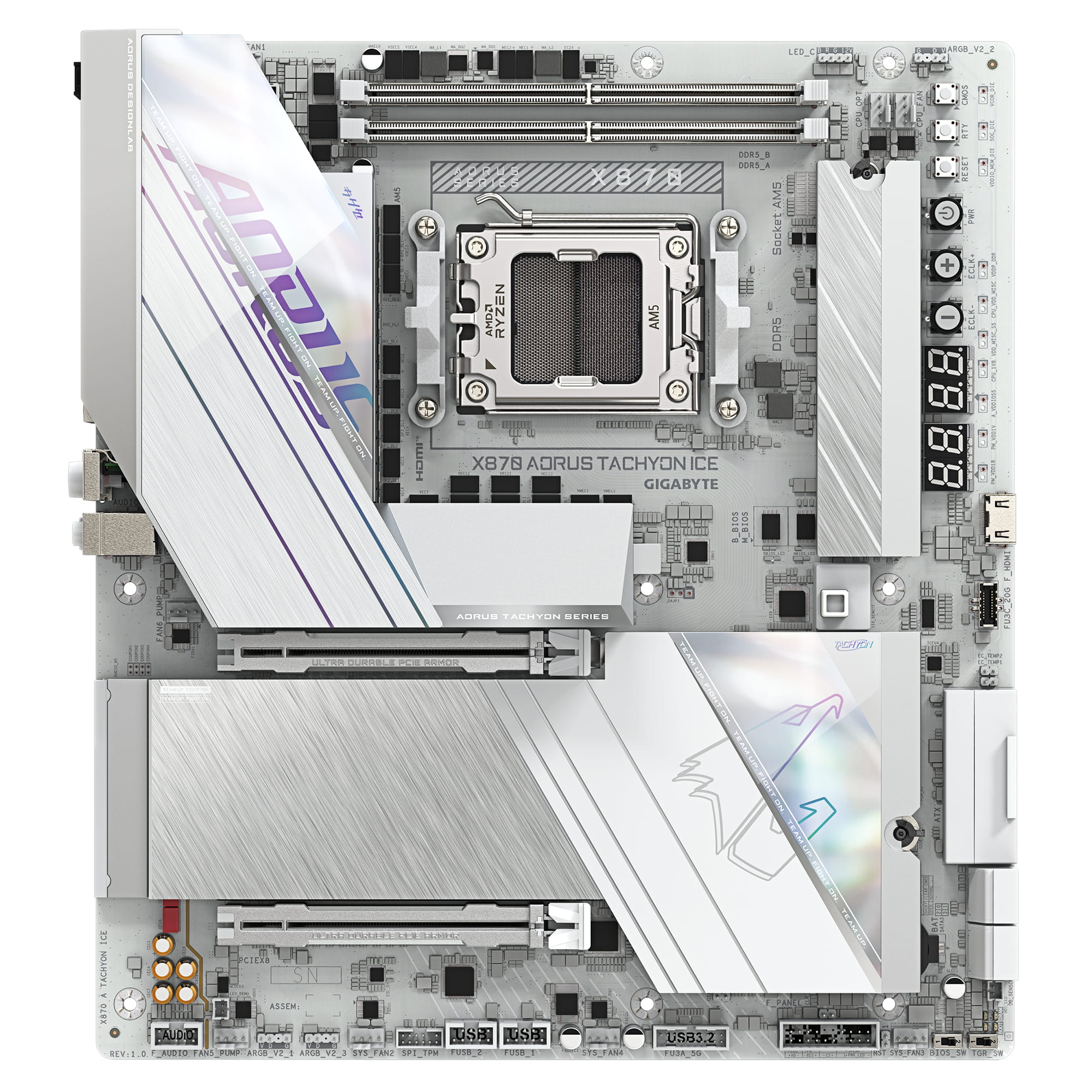 Gigabyte X870 AORUS TACHYON ICE Mainboard – Unterstützt AMD Ryzen 9000 CPUs, digitale 18+2+2 Phasen VRM, bis zu 9600 MHz DDR5 (OC), 1 x PCIe 5.0 + 2 x PCIe 4.0, Wi-Fi 7, 5 GbE LAN, USB 4, AMD, Sockel AM5, AMD Ryzen 7000 Series, AMD Ryzen 8000 Series, 