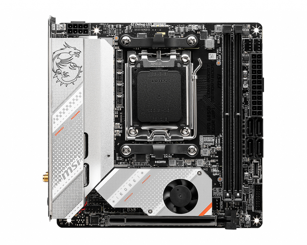 MSI MPG B650I EDGE WIFI - Motherboard - Mini-ITX - Socket AM5 - AMD B650 Chipsatz - USB 3.2 Gen 2, USB-C 3.2 Gen2, USB 3.2 Gen 1, USB-C 3.2 Gen 2x2 - 2.5 Gigabit LAN, Wi-Fi 6, Bluetooth - Onboard-Grafik (CPU erforderlich)