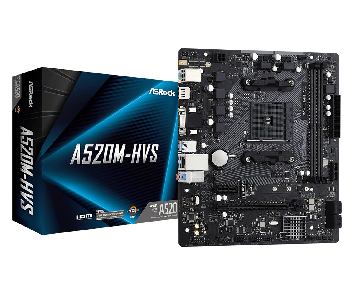 ASRock A520M-HVS - Motherboard - micro ATX - Socket AM4 - AMD A520 Chipsatz - USB 3.2 Gen 1 - Gigabit LAN - Onboard-Grafik (CPU erforderlich)