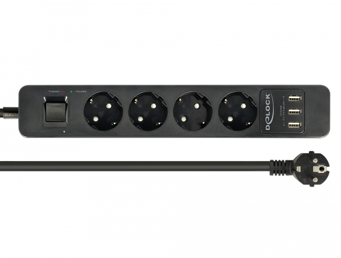 Delock Extension Socket - Steckdosenleiste - Wechselstrom 250 V - 4000 Watt - Eingabe, Eingang power CEE 7/7 - Ausgangsanschlüsse: 4 (3 x USB Typ A, 4 x CEE 7/3)