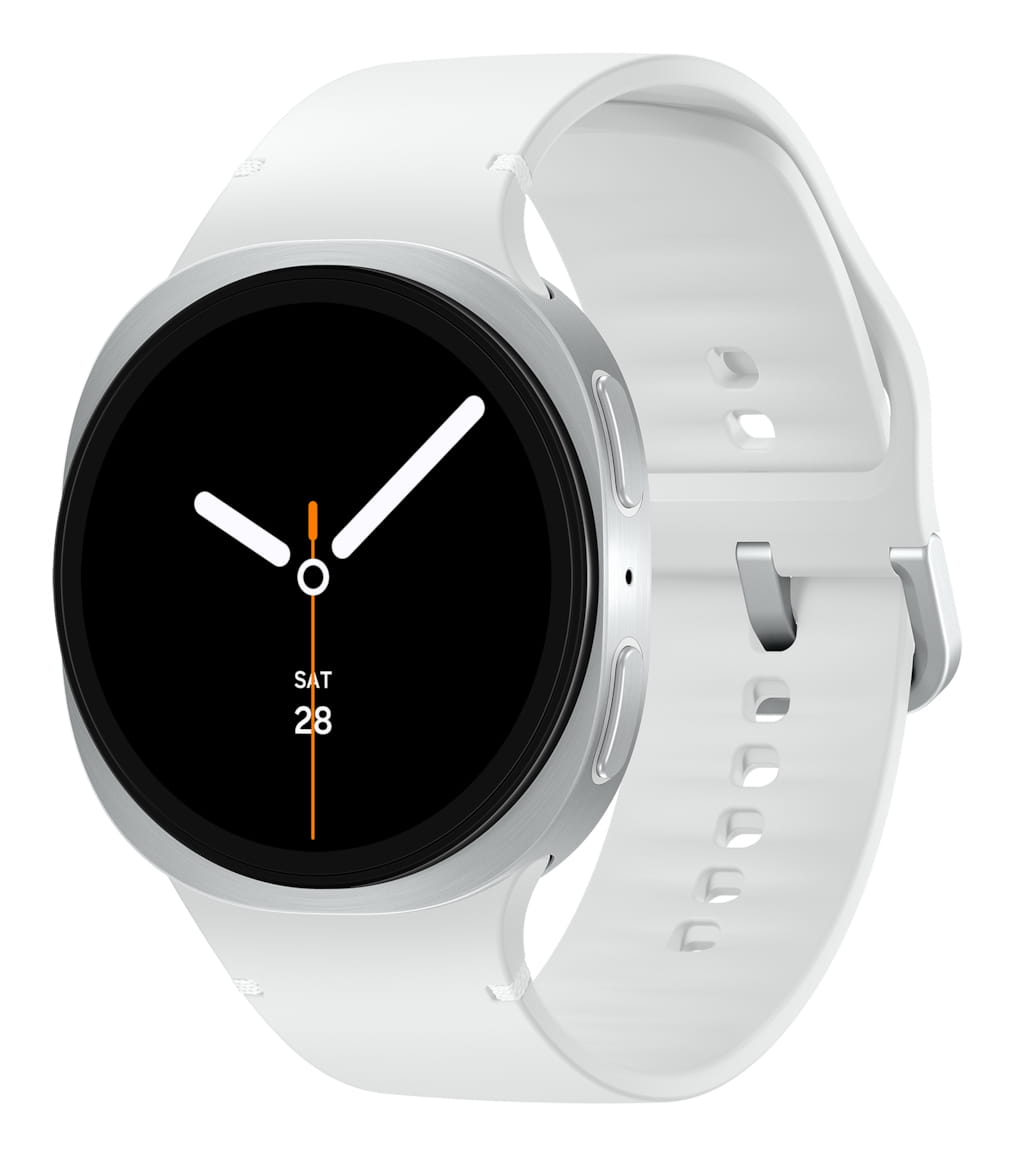 Samsung Galaxy Watch8 - 44 mm - silber - intelligente Uhr mit Sportband - Gummi - weiß - Bandgröße: M/L - Anzeige 3.7 cm (1.47")