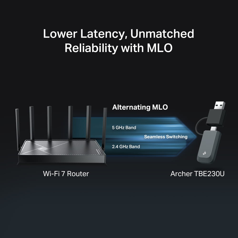 TP-LINK ARCHER TBE230U, Kabelgebunden, USB Type-A/USB Type-C, Ethernet, Wi-Fi 7 (802.11be), 2882 Mbit/s, Schwarz, Grau