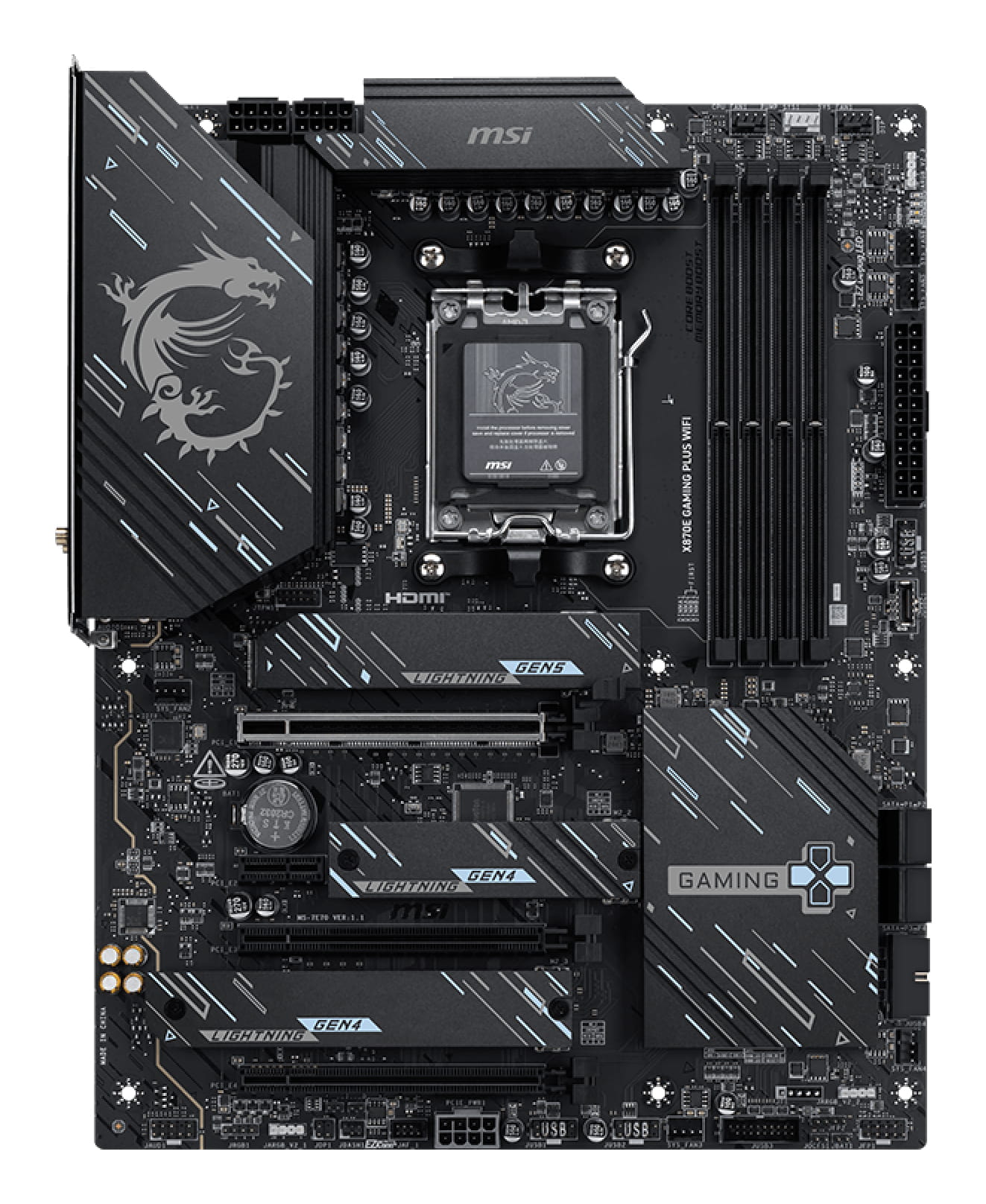 MSI X870E GAMING PLUS WIFI - Motherboard - ATX - Socket AM5 - AMD X870E Chipsatz - USB4, USB-C 3.2 Gen 2x2, USB-C 3.2 Gen2, USB 3.2 Gen 2, USB 3.2 Gen 1 - Wi-Fi 7, 5 Gigabit Ethernet, Bluetooth - Onboard-Grafik (CPU erforderlich)