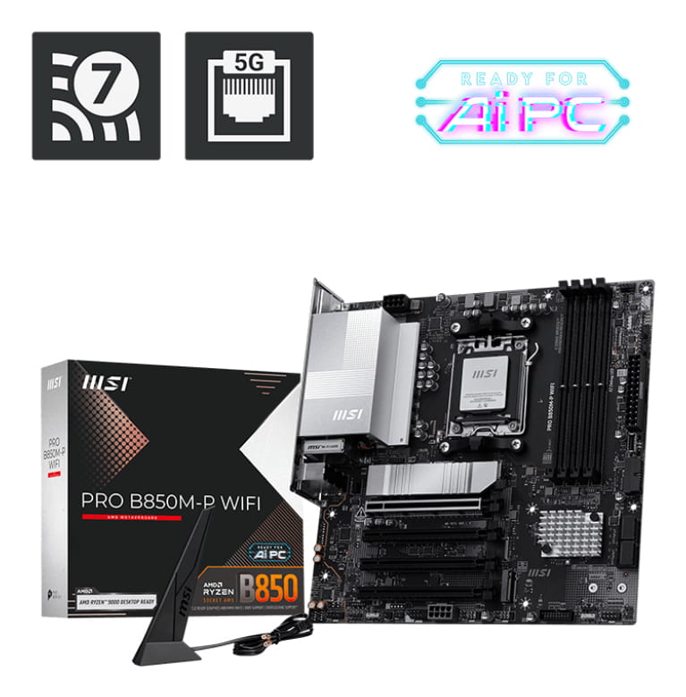 MSI PRO B850M-P WIFI - Motherboard - micro ATX - Socket AM5 - AMD B850 Chipsatz - USB 3.2 Gen 2, USB-C 3.2 Gen2, USB 3.2 Gen 1 - 5 Gigabit Ethernet, Wi-Fi 7, Bluetooth - Onboard-Grafik (CPU erforderlich)