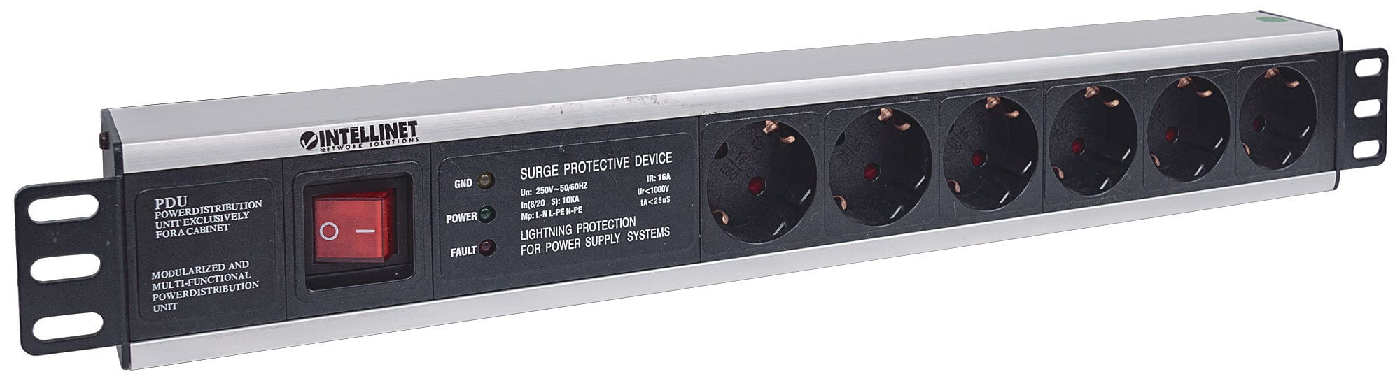 Intellinet 19" 1.5U Rackmount 6-Way Power Strip - German Type", With On/Off Switch and Surge Protection, 3m Power Cord - Steckdosenleiste (Rack - einbaufähig)