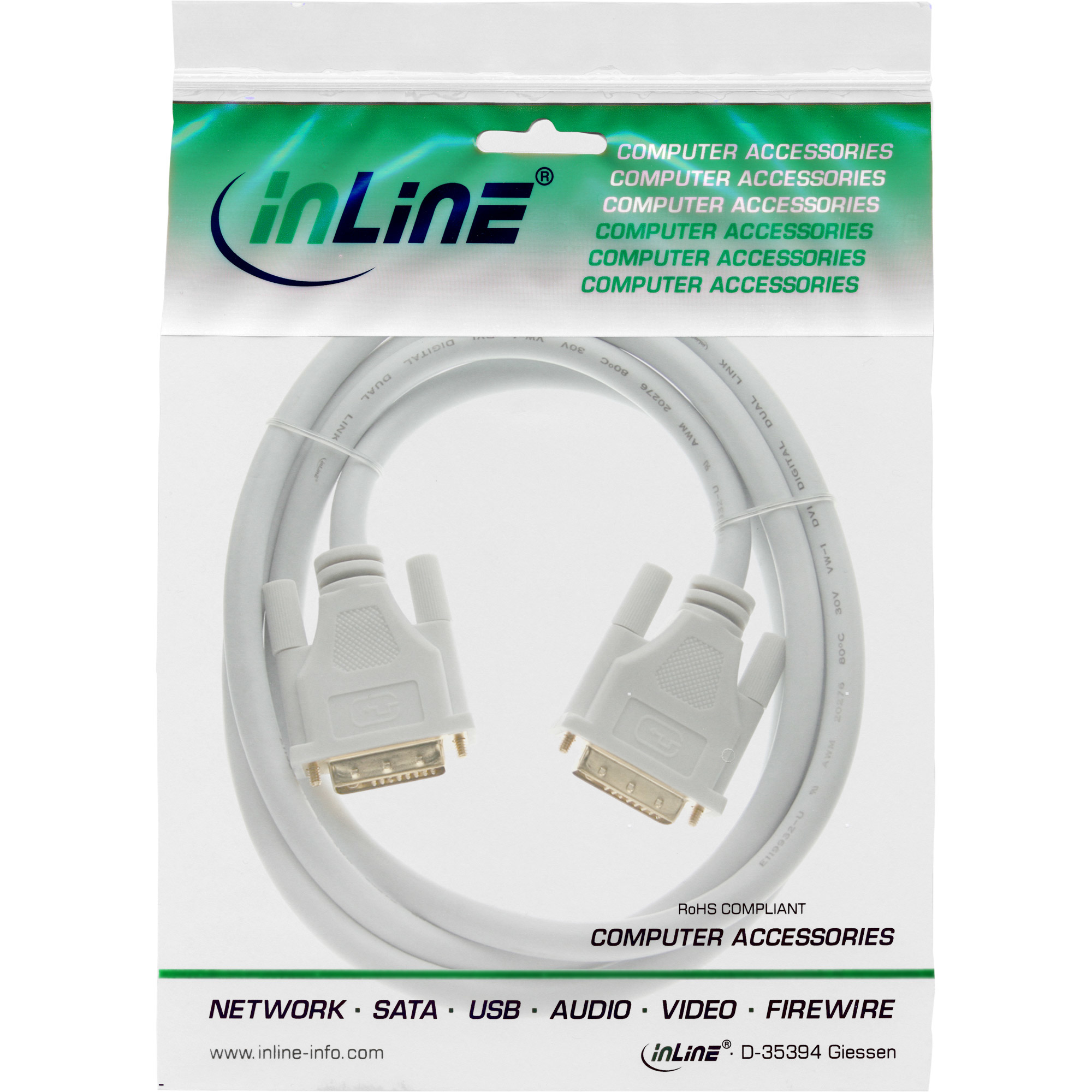InLine DVI-D Kabel - digital 24+1 Stecker / Stecker - Dual Link - weiß / gold - 2m
