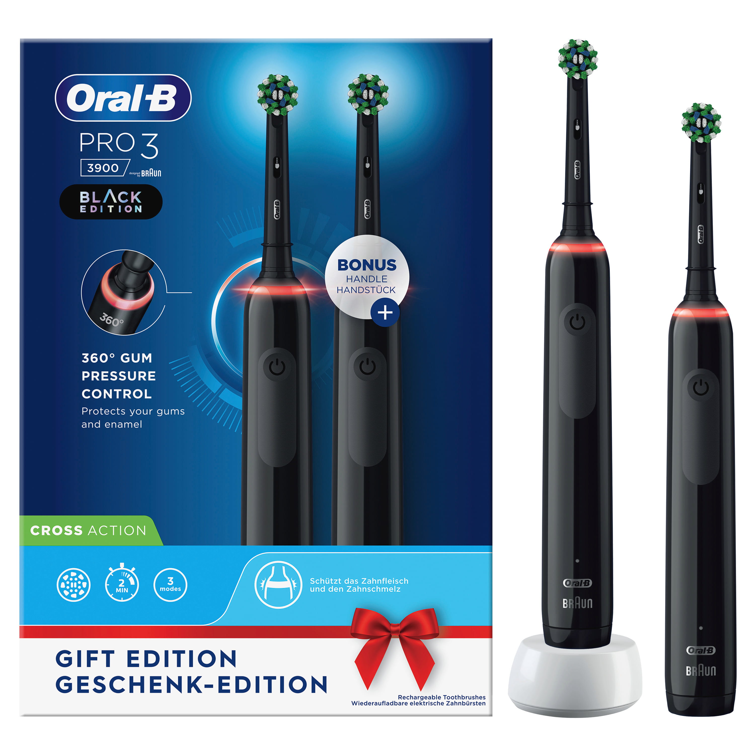 Oral-B Pro 3 3900, Erwachsener, Vibrierende Zahnbürste, Tägliche Pflege, Sensibel, für weiße Zähne, 4 x 30 sec, Deutschland, Akku