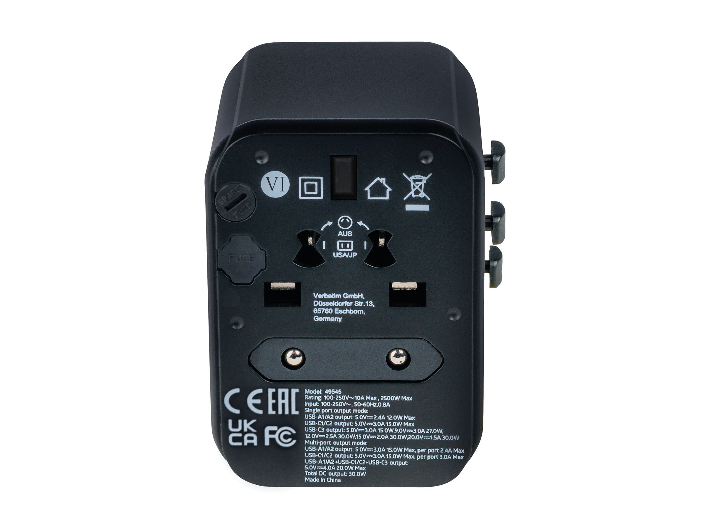 Verbatim 49545, Universal, Universal, Typ A, Typ B, Typ C (Euro-Stecker), Typ E (FR), Typ F, Typ G (VK), Typ I (AU), Typ J (CH), Typ L..., Typ A, Typ B, Typ C, Typ D (VK), Typ E (FR), Typ F, Typ G (VK), Typ H (IL), Typ I (AU), Typ J..., 100 - 250 V, 50 -