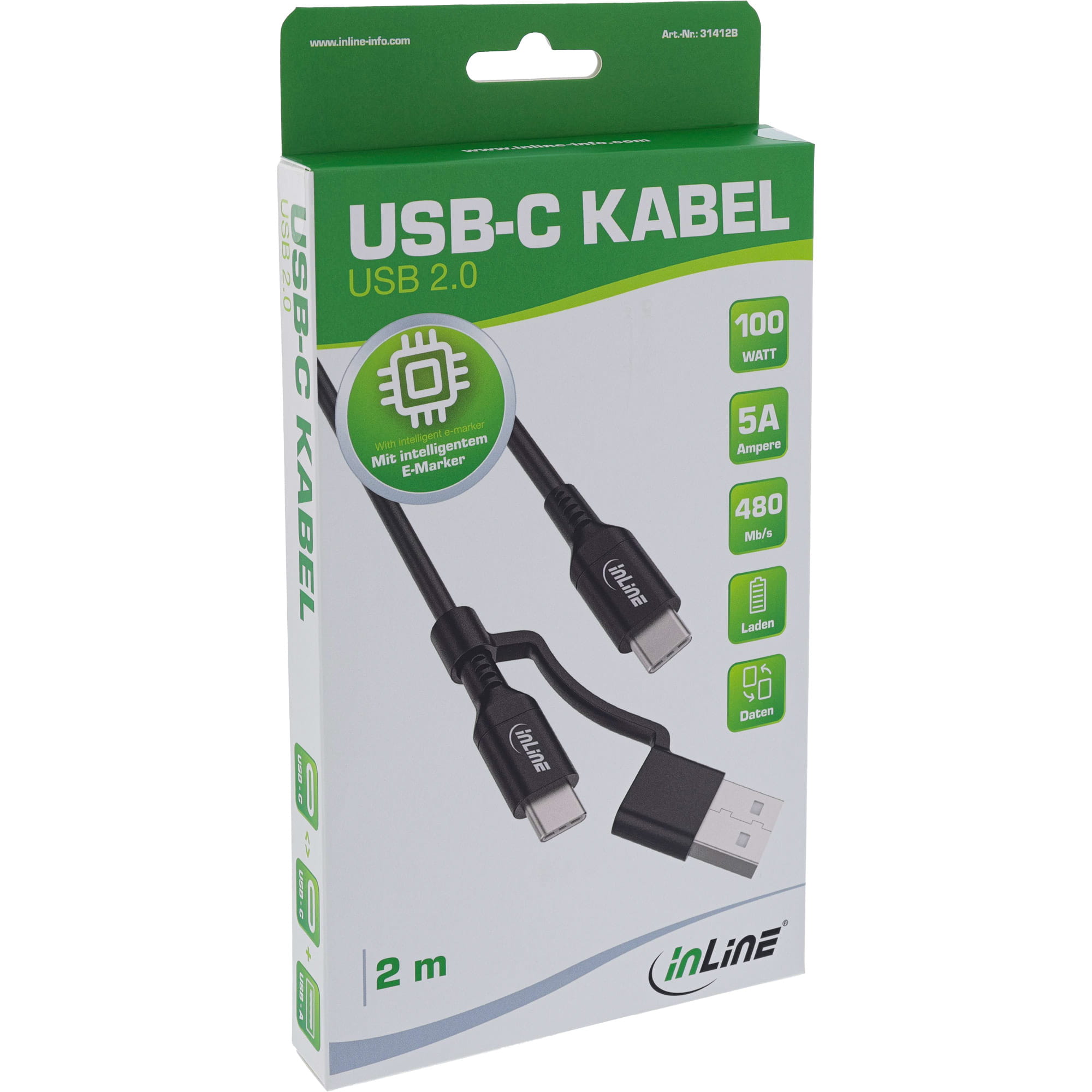 InLine 2-in-1 USB-C Kabel + USB-A Adapter - USB 2.0 - 100W - TPE - schwarz - 2m
