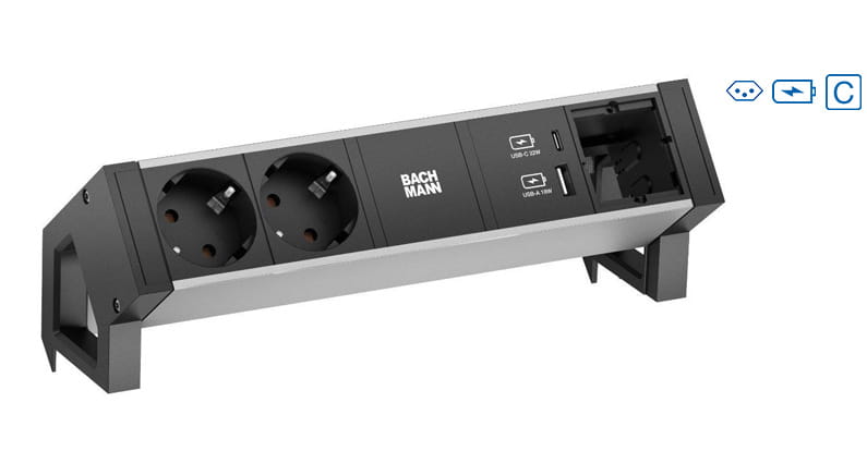 Bachmann DESK 2 ALU - Steckdosenleiste - AC - Eingabe, Eingang GST18 - Ausgangsanschlüsse: 2 (2 x T13, 24 pin USB-C, USB)