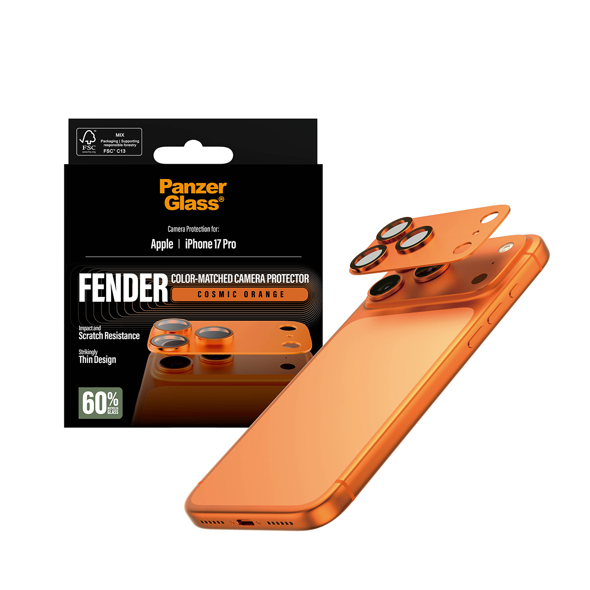 PanzerGlass ® Fender Kameraschutz Cosmic Orange iPhone 17 Pro, Apple, Apple - iPhone 17 Pro, Trockene Anwendung, Kratzresistent, Schockresistent, Orange, 1 Stück(e)
