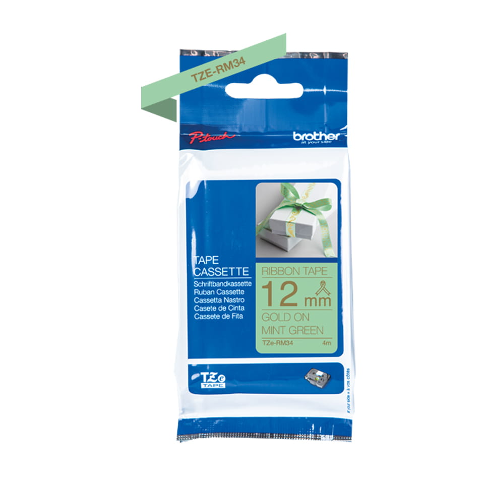 Brother TZe-RM34 - Seidig - Gold auf mintgrün - Rolle (1,2 cm x 4 m)
