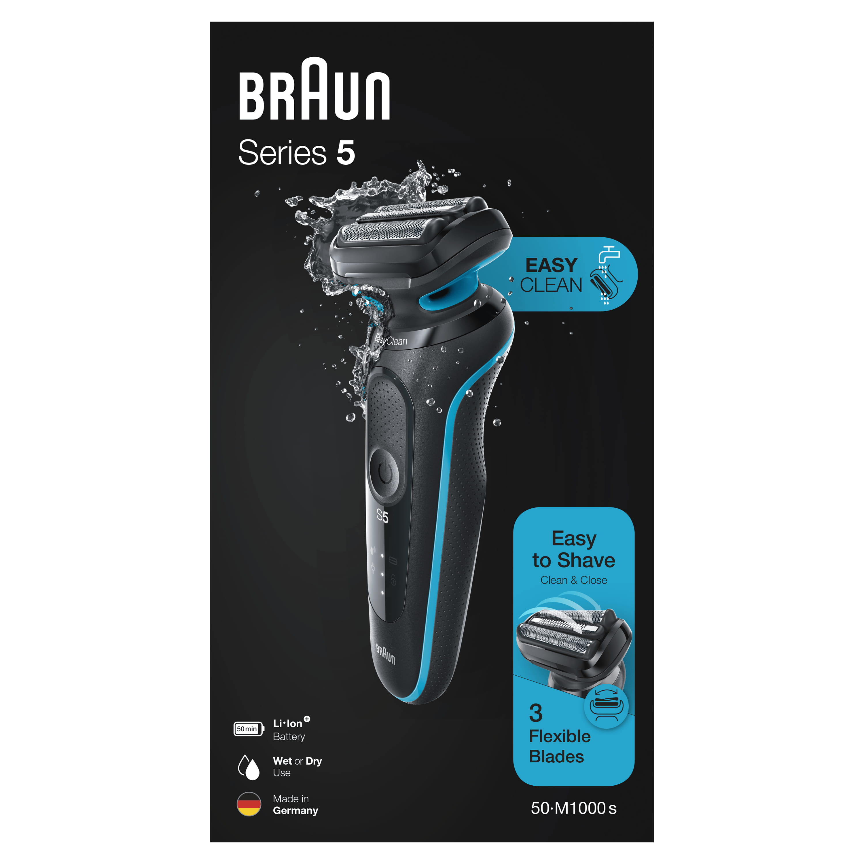 Braun Series 5 50-M1000s, Folienschaber, Schwarz, Blau, LED, Akku, Lithium-Ion (Li-Ion), Integrierte Batterie