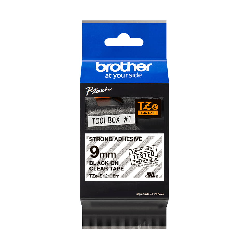 Brother TZe-S121 - Extrem stark haftend - schwarz auf durchsichtig - Rolle (0,9 cm x 8 m)