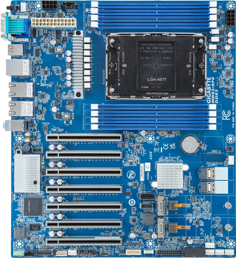 Gigabyte MW83-RP0 - 1.X - Motherboard - SSI CEB - LGA4677 Socket-E - W790 Chipsatz - USB-C 3.2 Gen 2x2, USB-C 3.2 Gen2, USB 3.2 Gen 1 - 2 x 10 Gigabit LAN - Onboard-Grafik - HD Audio (8-Kanal)