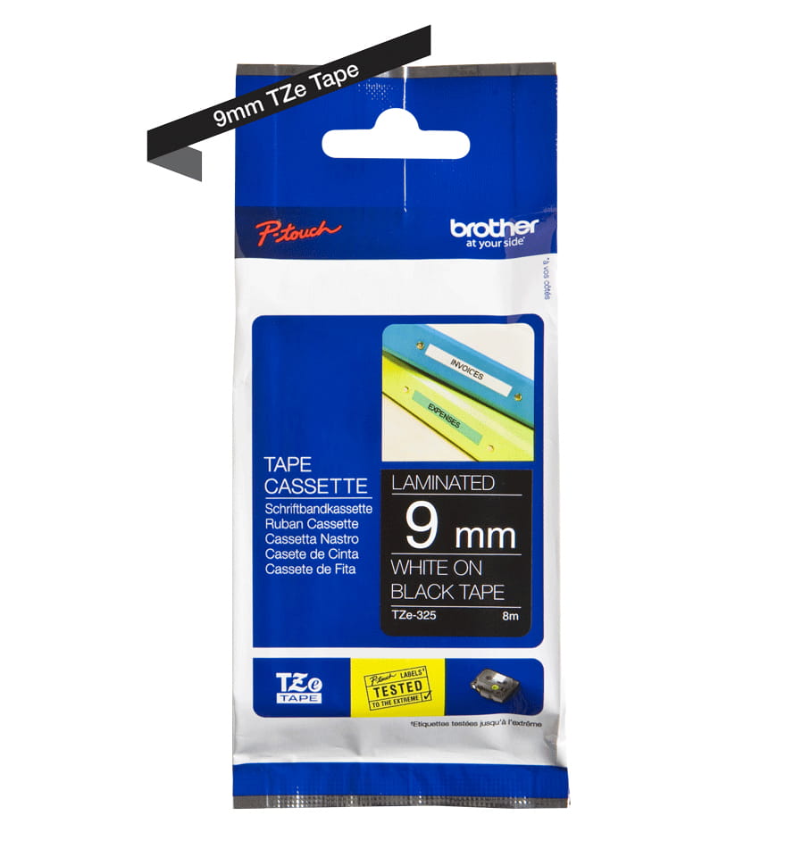 Brother TZe-325 - Standard-Klebstoff - Weiß auf Schwarz - Rolle (0,9 cm x 8 m)