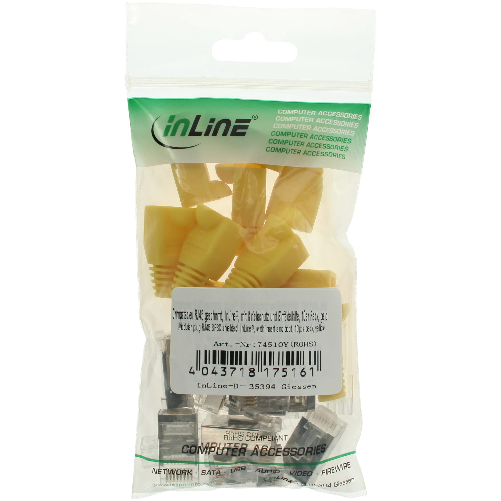 InLine Crimpstecker RJ45 geschirmt - Knickschutz gelb & Einfädelhilfe - 10er Pack