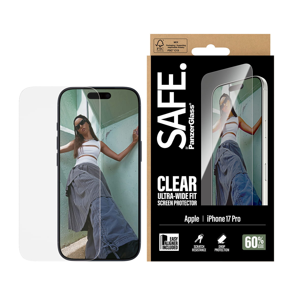 PanzerGlass SAFE. by ® Displayschutz iPhone 17 Pro | Ultra-Wide Fit m. EasyAligner, Apple, Apple - iPhone 17 Pro, Trockene Anwendung, Kratzresistent, Schockresistent, Transparent, 1 Stück(e)