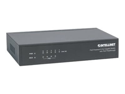 Intellinet PoE-Powered 5-Port Gigabit Switch with PoE Passthrough, 4 x PSE PoE ports, 1 x PD PoE port, IEEE 802.3at/af Power-over-Ethernet (PoE+/PoE)