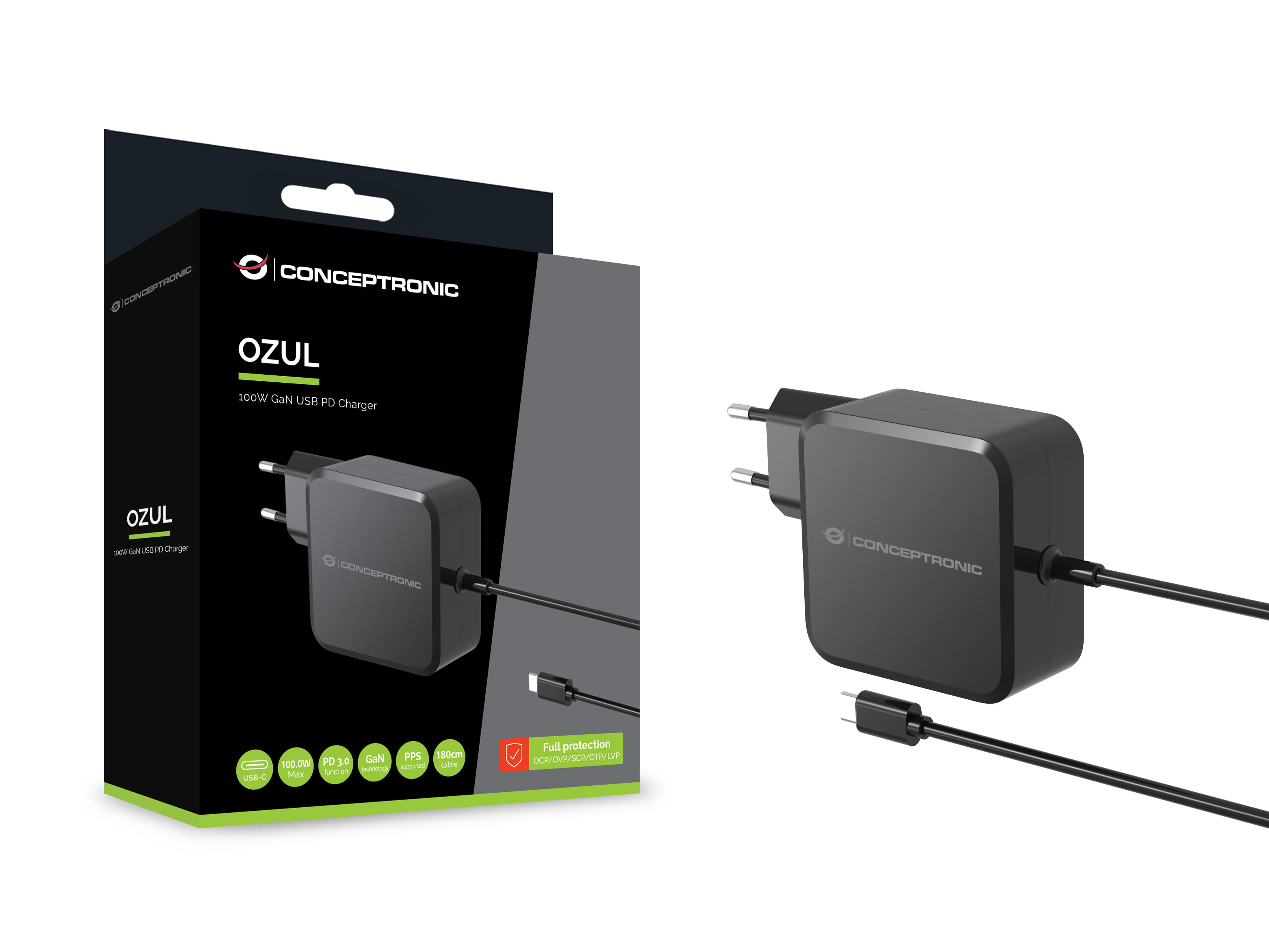Conceptronic OZUL05BE 100W GaN USB-PD-Ladegerät, Eingebautes USB-C-Kabel, Drinnen, AC, 20 V, 1,8 m, Schwarz