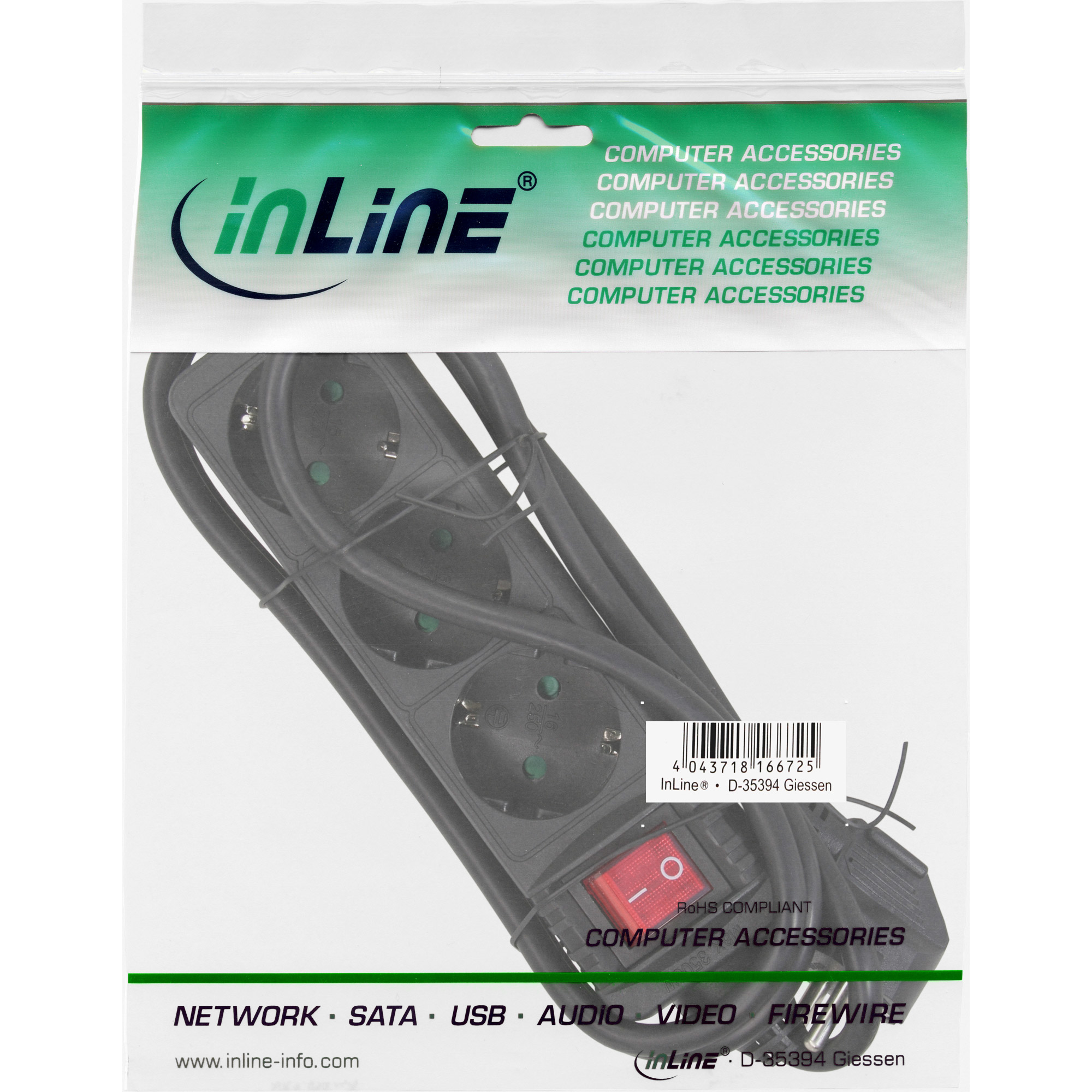 InLine Steckdosenleiste - 3-fach Schutzkontakt - mit Schalter - schwarz - 1,5m
