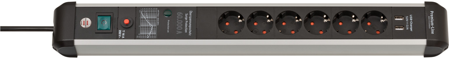Brennenstuhl 1391010610, 3 m, Indoor, Abgewinkelt, IP20, Schwarz, Silber, 6 AC-Ausgänge