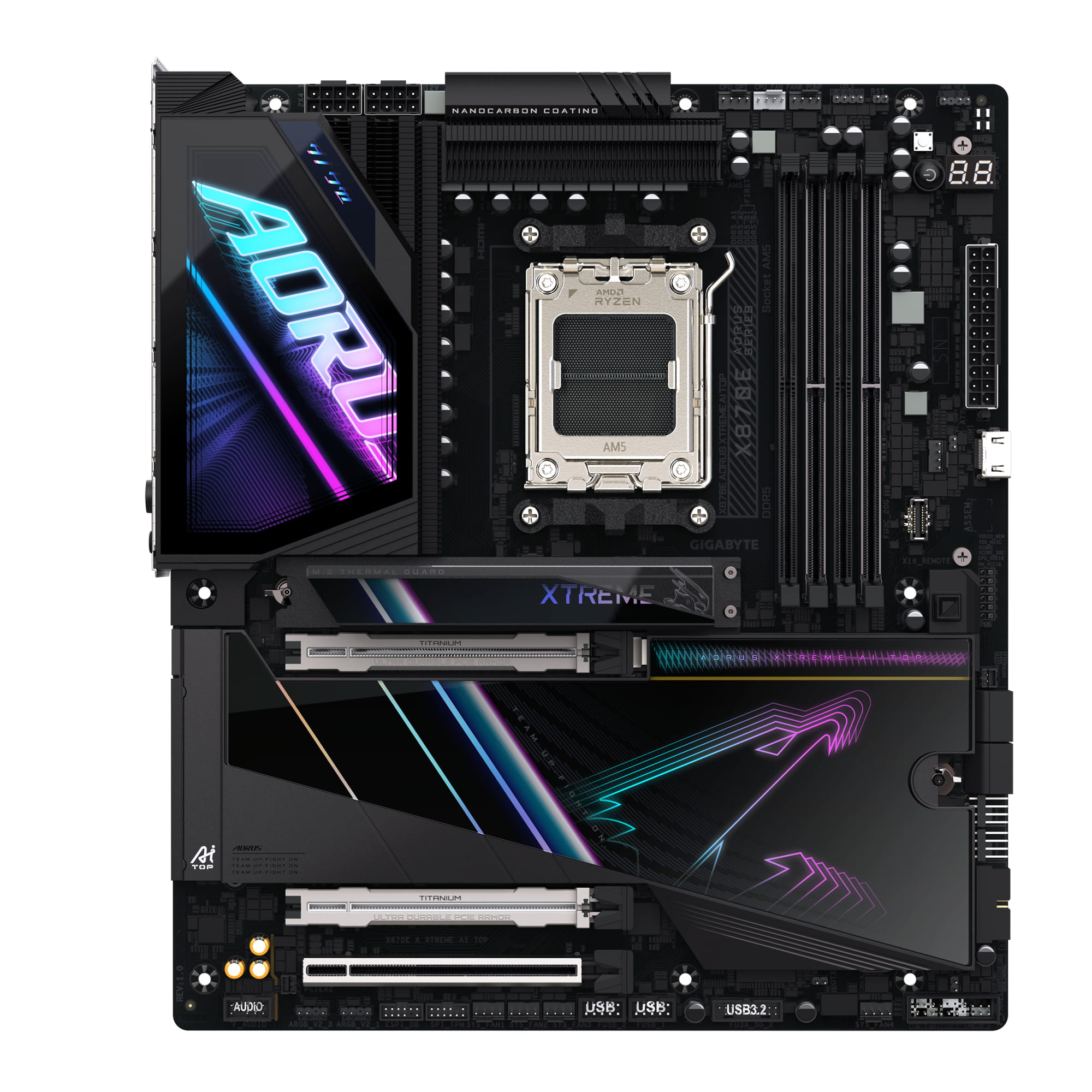Gigabyte AORUS X870E XTREME AI TOP - Motherboard - ATX - Socket AM5 - AMD X870E Chipsatz - USB-C 3.2 Gen 2x2, USB 3.2 Gen 1, USB 3.2 Gen 2, USB4 - 2 x 10 Gigabit LAN, Bluetooth, Wi-Fi 7 - Onboard-Grafik (CPU erforderlich)