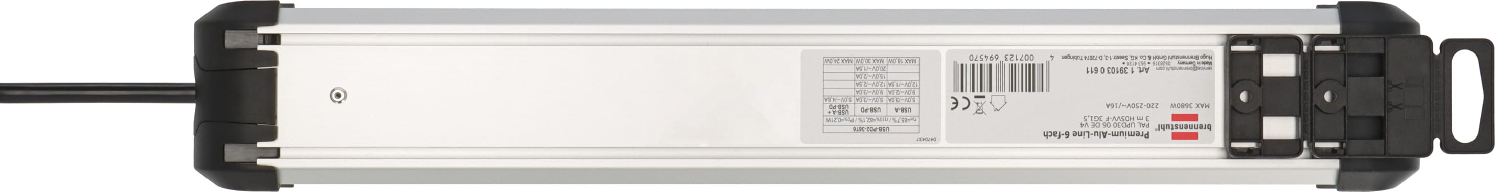 Brennenstuhl 1391030611, 3 m, Drinnen, IP20, Schwarz, Silber, 6 AC-Ausgänge, 230 V