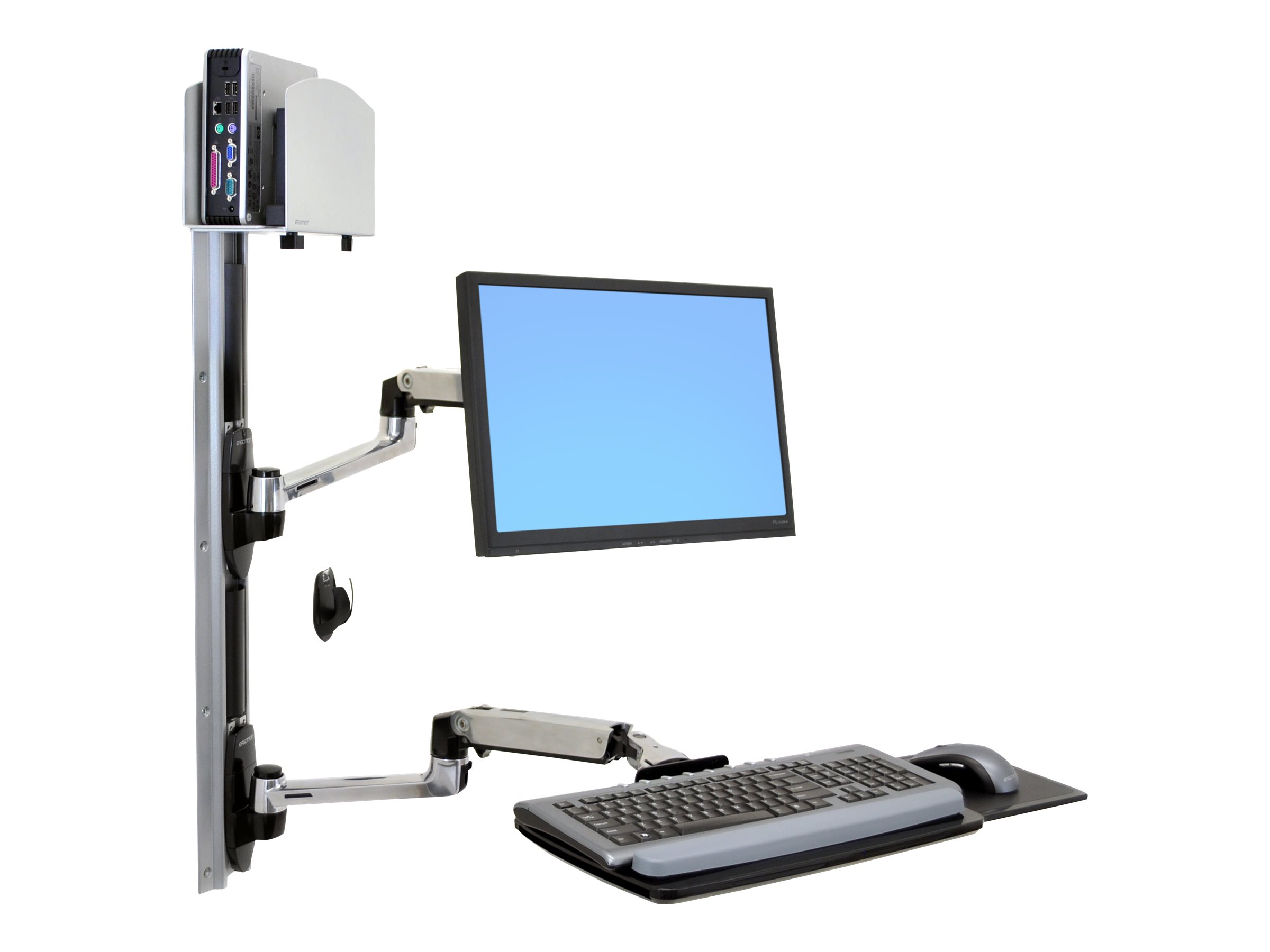 Ergotron LX Wall Mount System - Befestigungskit (Wandarm, Maushalterung, 2 Schienenabdeckungen, Tastaturarm, 2 Kabelkanäle, Handgelenkkissen, Wandschiene 10", Wandschiene 34", CPU Abstandhalter, Montagesystem mit CPU-Halterung und Armen, medium CPU hold