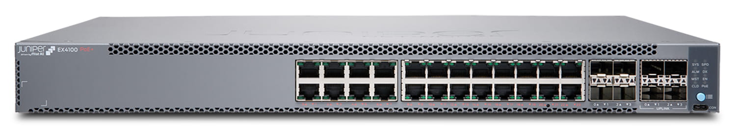 Juniper EX Series EX4100-24T-DC - Switch - TAA-konforme Version - L3 - managed - 24 x 10/100/1000Base-T + 4 x 10 Gigabit (Uplink)