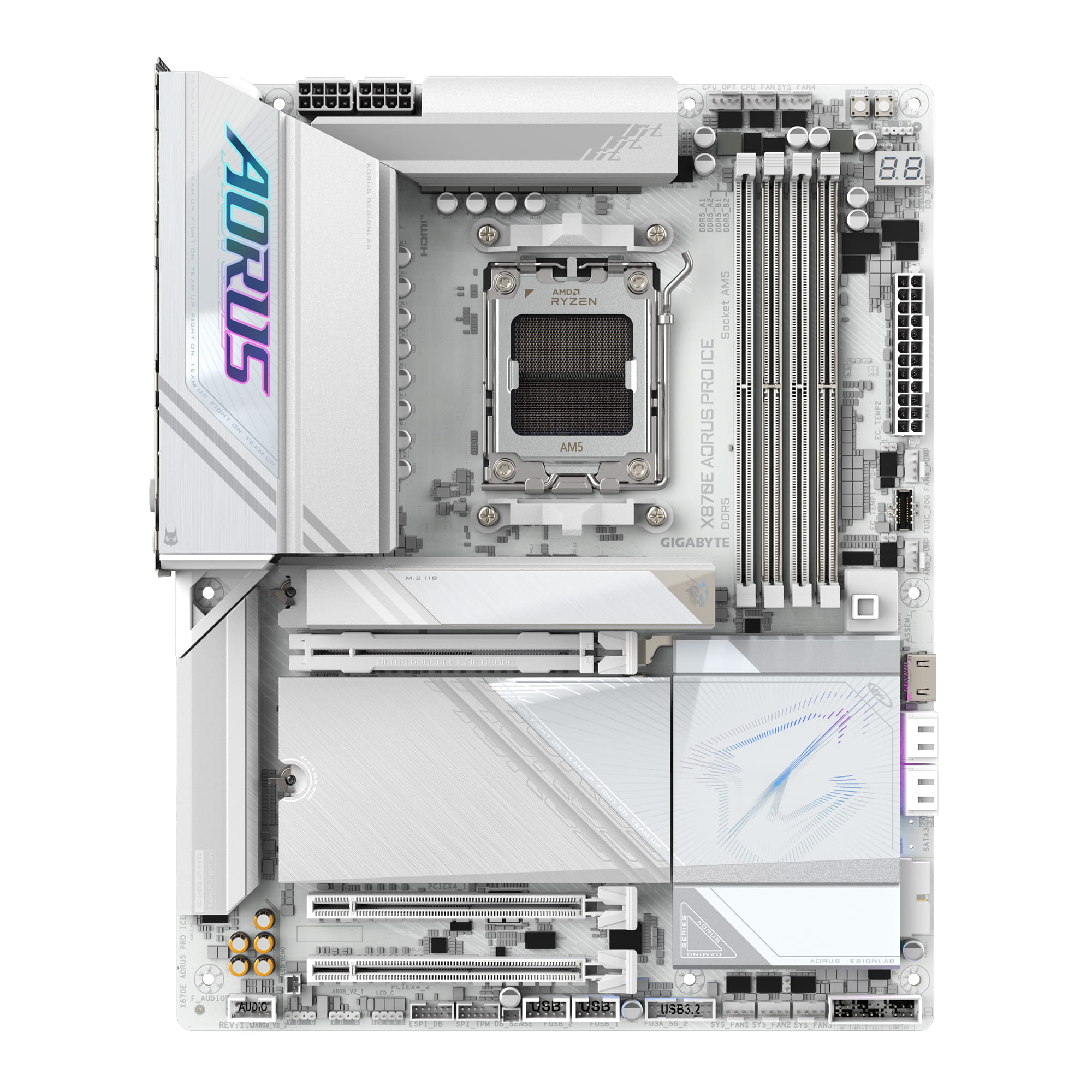 Gigabyte AORUS X870E PRO ICE - Motherboard - ATX - Socket AM5 - AMD X870E Chipsatz - USB-C 3.2 Gen 2x2, USB4, USB 3.2 Gen 1, USB 3.2 Gen 2 - 2.5 Gigabit LAN, Bluetooth, Wi-Fi 7 - Onboard-Grafik (CPU erforderlich)