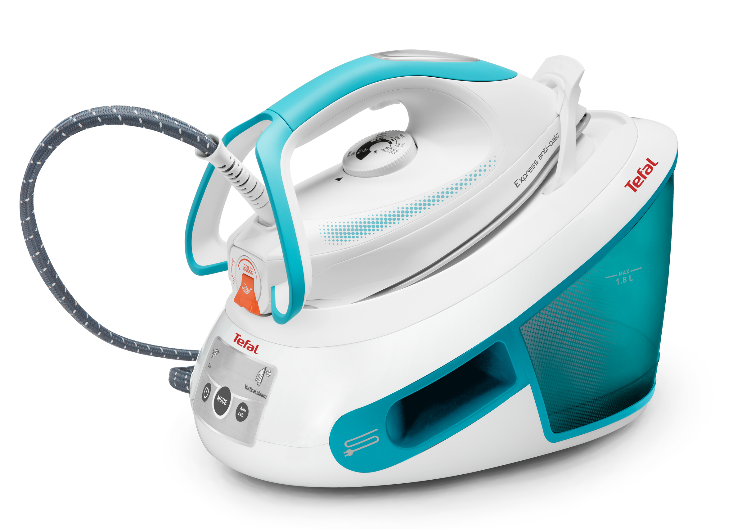 TEFAL Express Anti-Calc SV8010, 2800 W, 400 g/min, 6 bar, 1,8 l, 120 g/min, Türkis, Weiß
