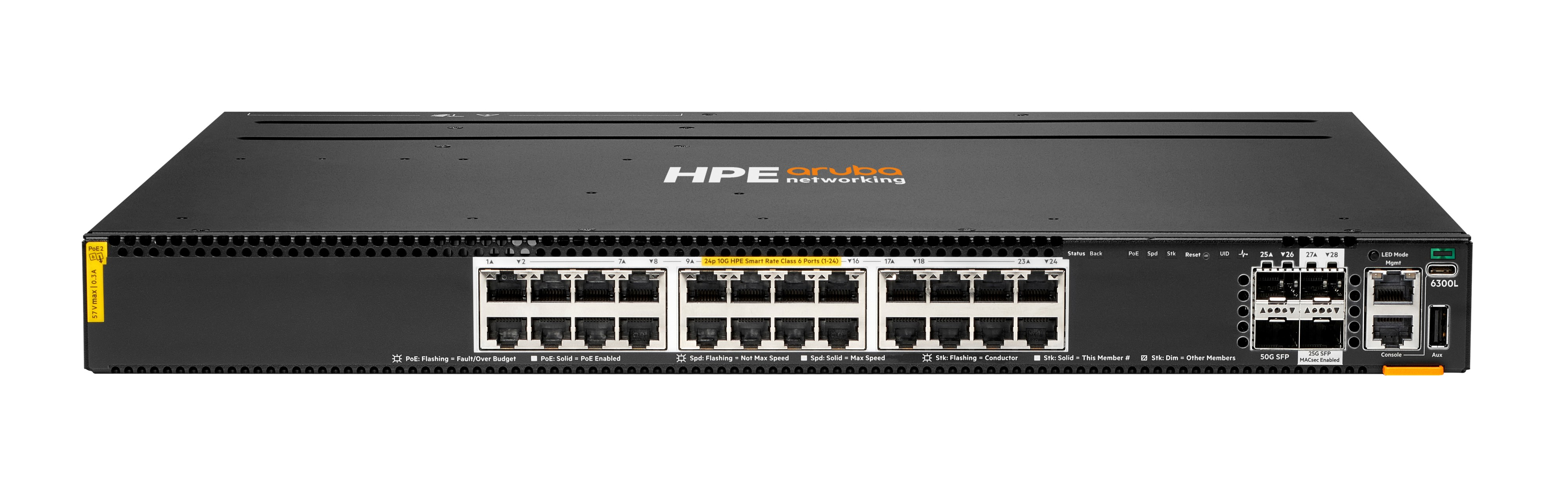 HPE Aruba Networking CX 6300L 24p Smart Rate 1G/2.5G/5G/10G Class6 PoE 2p 50G and 2p 25G L2 Switch - Switch - L3 - 24 x 1/2.5/5/10GBase-T (PoE++)
