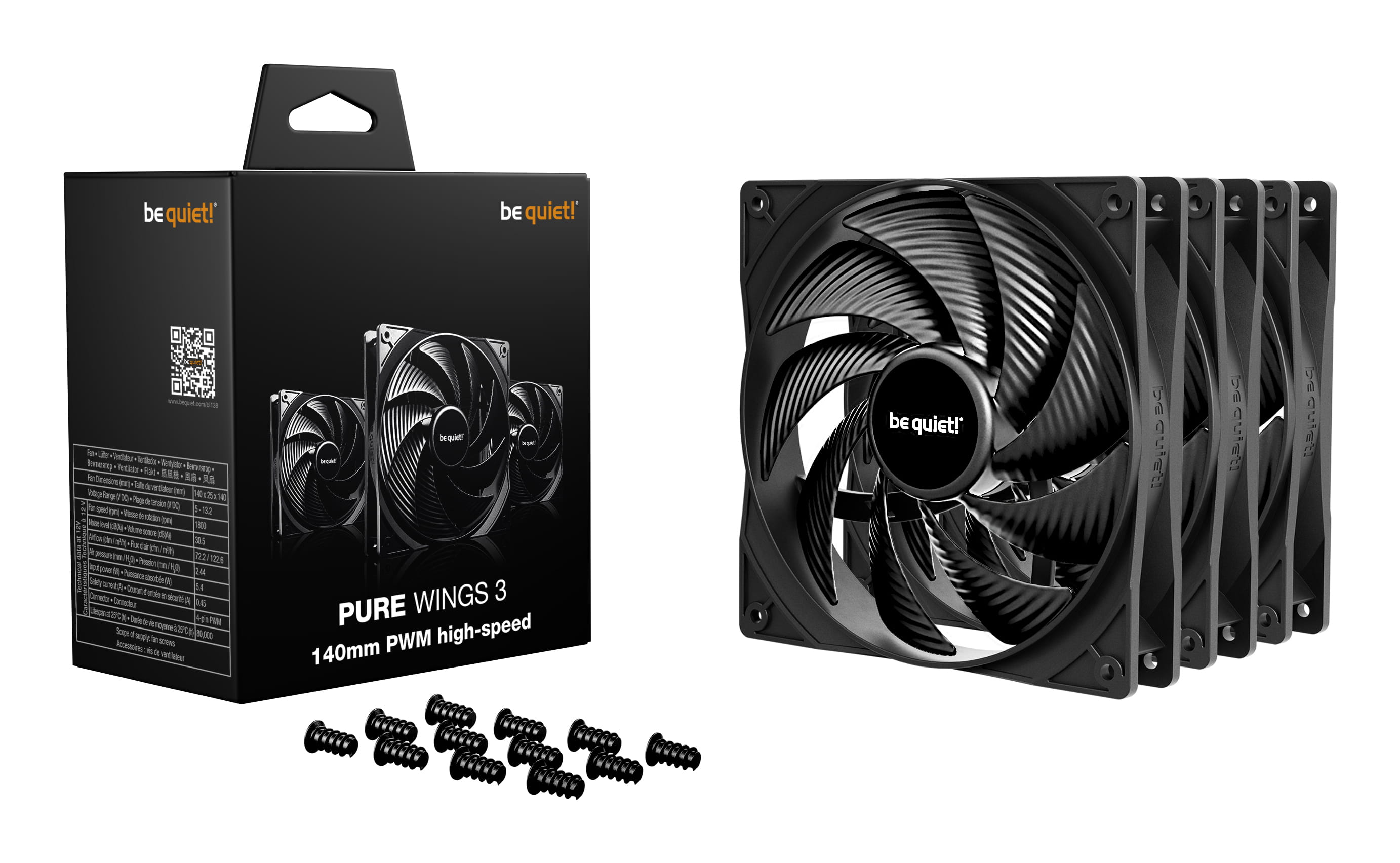 Be Quiet! Pure Wings 3 140mm | PWM high-speed Triple Pack, Ventilator, 14 cm, 1800 RPM, 122,6 m³/h, Schwarz