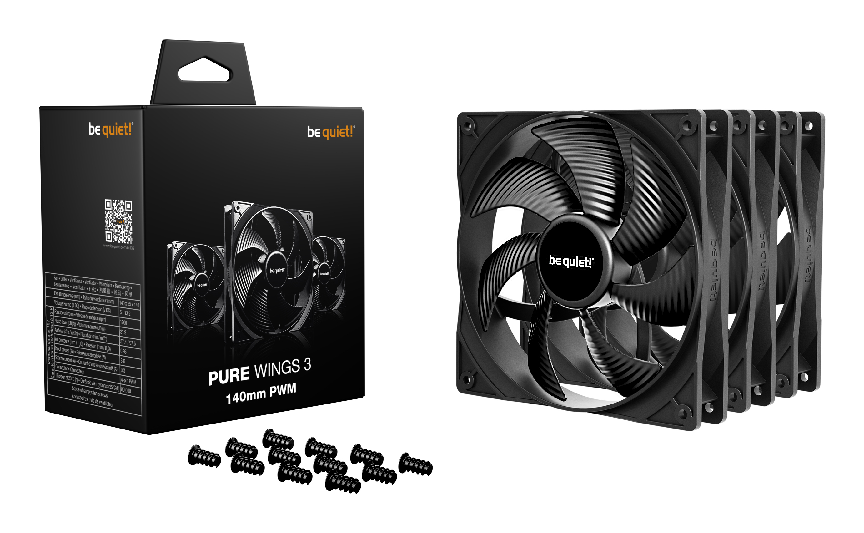 Be Quiet! Pure Wings 3 140mm | PWM Triple Pack, Ventilator, 14 cm, 1200 RPM, 97,5 m³/h, Schwarz